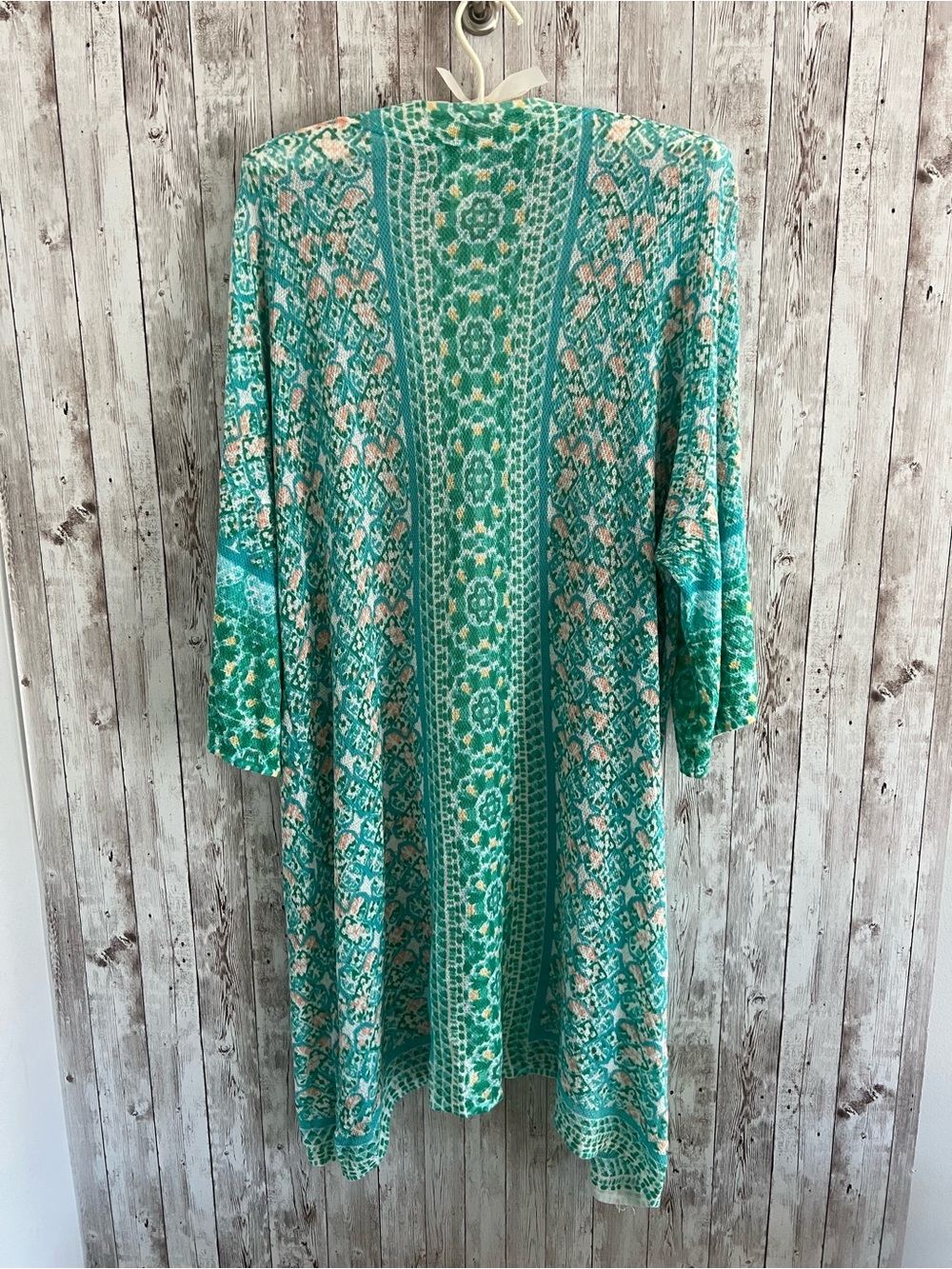 Chico's Teal Floral Open-Front Tile Cardigan Kimono Coverup 3/4 Sleeve - Picture 2 of 6